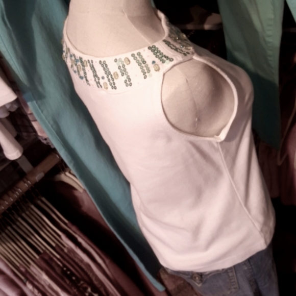 CLOTHING COVE ♡ Aqua Embellished Sequenced Bling Shoulder Line Sleeveless Top PM - Picture 9 of 14
